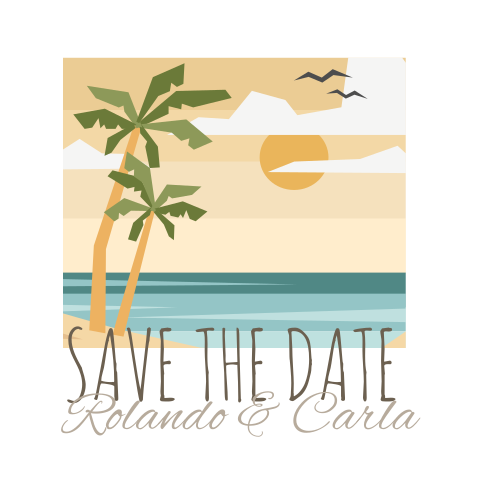Weiße Save the Date Karte mit Strand Motiv in gelb, blau und grün