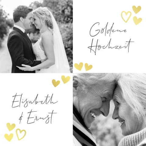 Einladungskarte zur Goldhochzeit mit Fotos und Gold-Herzen