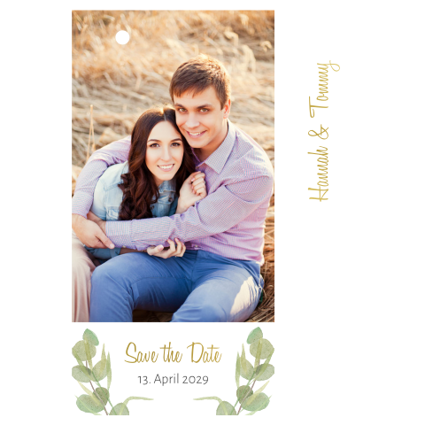 Zweiteilige Save the Date Karte im Greenery Look mit Foto + Goldfolie