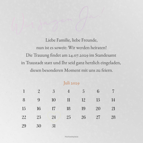 Transparente Hochzeitskarte mit Kalenderblatt und Text und holografischer Folie