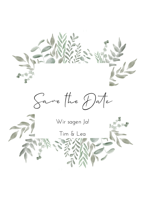 Zarte Greenery Save the Date Karte mit Aquarell Zweigen