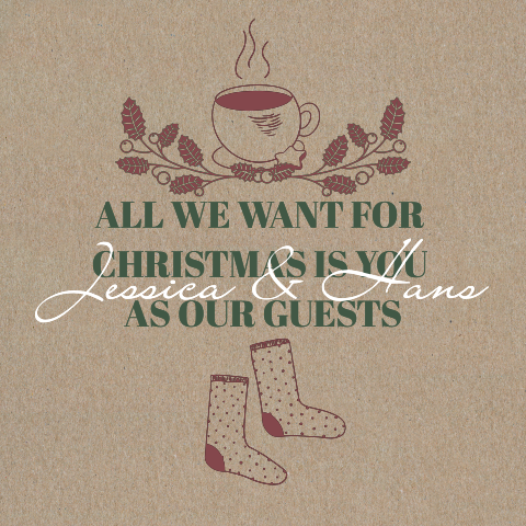 Weihnachtliche Einladung zur Hochzeit aus Kraftpapier in grün und rot