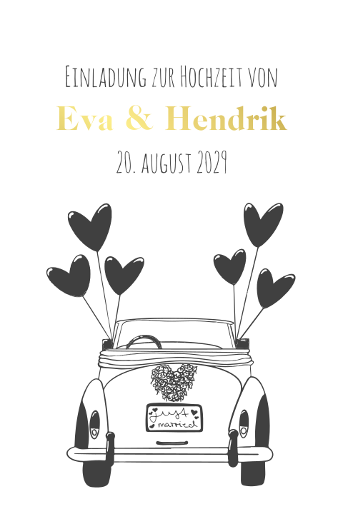 Veredelte Einladung zur Hochzeit mit schlichtem Oldtimer in schwarz