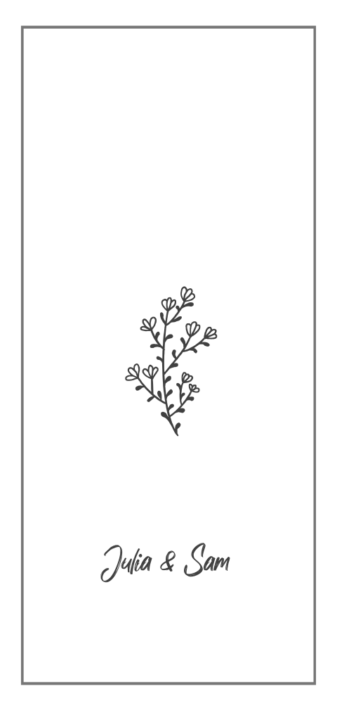 Weiße Einladungskarte zur Hochzeit mit Rahmen und schwarzer Blume
