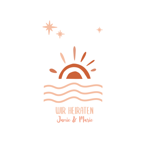 Boho Einladung zur Hochzeit mit Sonne, Wasser und Sternen in Apricot