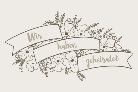 Wir haben geheiratet Karte in beige mit floralem Design und Banner