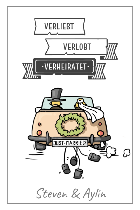 Lustige Hochzeitskarte mit Auto und Brautpaar im Comic-Stil