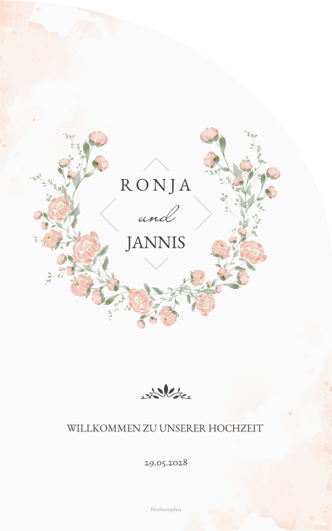 Klassisches Willkommensschild als Halbbogen für die Hochzeit mit Rosen in Rosa in 50x80 cm