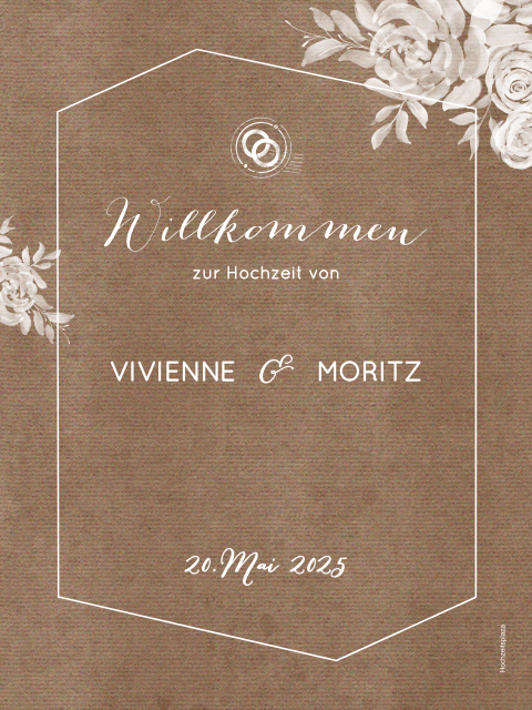 Florales Willkommensschild zur Hochzeit in Kraftpapier-Optik
