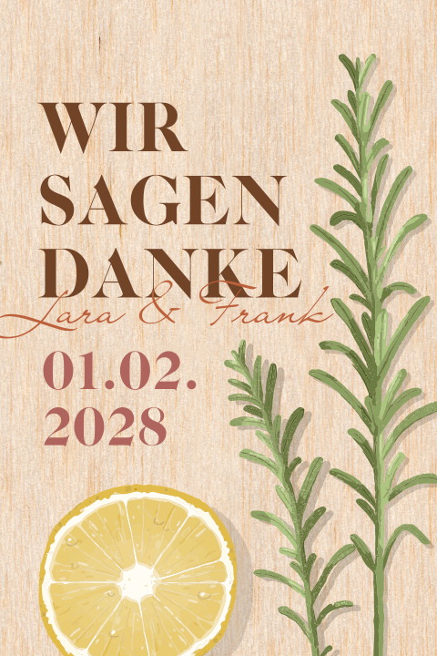 Danksagungskarte aus Holz mit Rosmarin und Zitrone