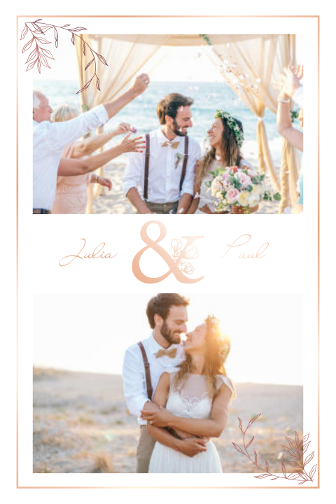 Dankeskarte zur Hochzeit mit Fotos, &-Zeichen, Rahmen + Roségoldfolie