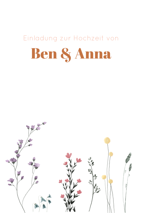 Einladungskarte zur Hochzeit mit bunter Blumenwiese, Kupferschrift und abgerundeten Ecken
