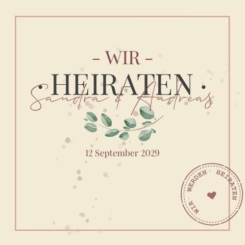 Wir Heiraten - quadratische Vintage Karte mit Zweig und Stempel