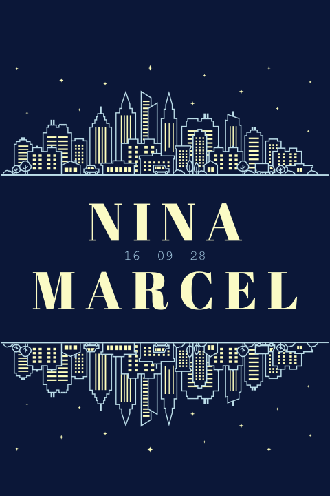 Einladung zur Hochzeit in blau mit Neon Skyline, Sternen und Herzen