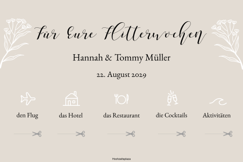 Poster als Geldgeschenk zur Hochzeit für die Flitterwochen in beige