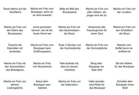 Gemischte Aufgaben als Hochzeitsgästeunterhaltung für Eigengestaltung