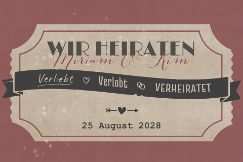 Vintage Hochzeitskarte als Eintrittskarte in rot und blau