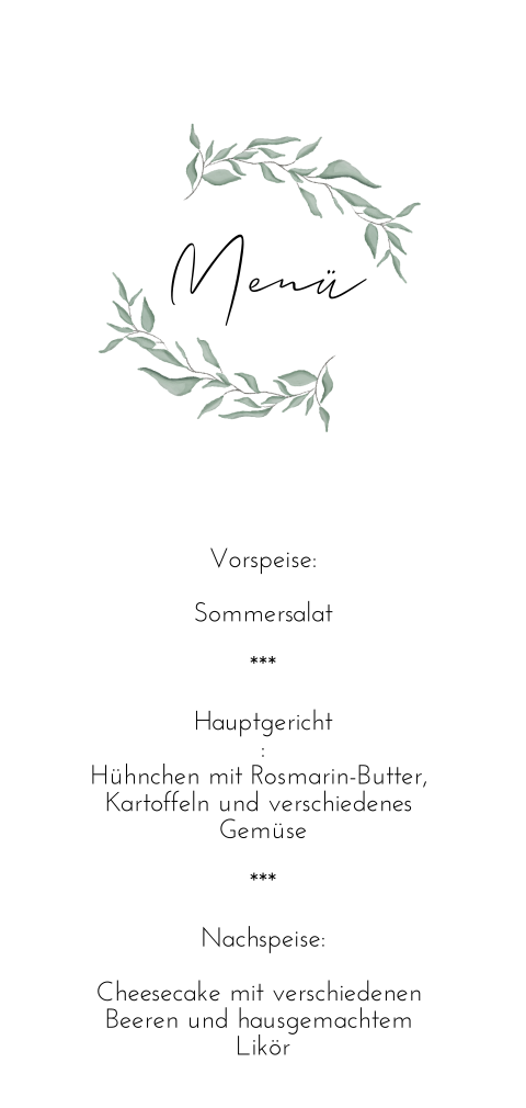 Schlichte Menükarte mit grünen Aquarell-Zweigen