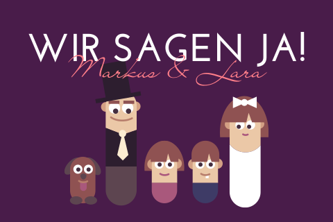 Familien-Hochzeitskarte mit Hund in lila mit lustigem Motiv