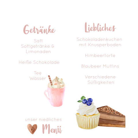 Dreiteilige Menükarte zur Hochzeit mit Lebensmittel Illustrationen