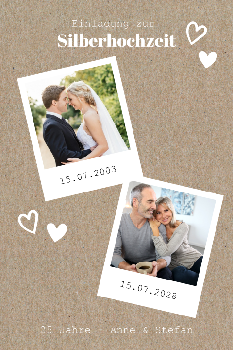 Kraftpapier Einladung zur Silberhochzeit mit Vorher-Nachher Bildern