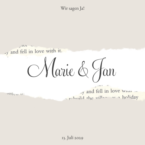 Vintage Hochzeitseinladung in beige mit Zeitungsschnipsel in weiß