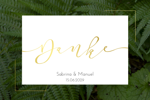 Danksagungskarte mit Greenery Hintergrund & goldenem Danke Schriftzug