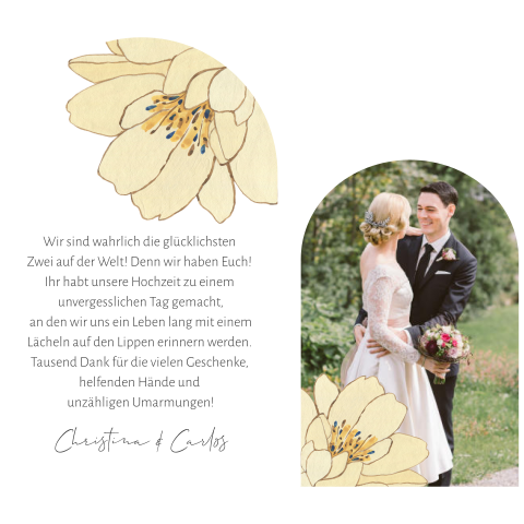 Zweiteilige Foto-Dankeskarte zur Hochzeit in Bogenform + gelben Blumen