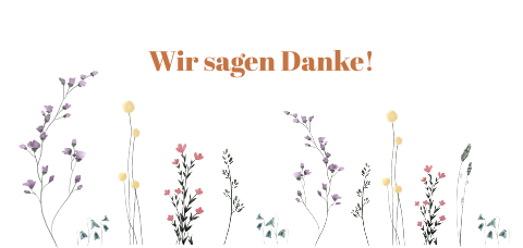 Dankeskarte Blumenwiese mit kupferfarbener Schrift und abgerundeten Ecken