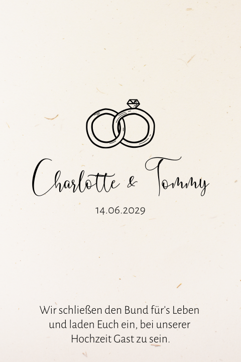 Hochzeitseinladung aus Recyclingpapier mit Ringen und Timeline