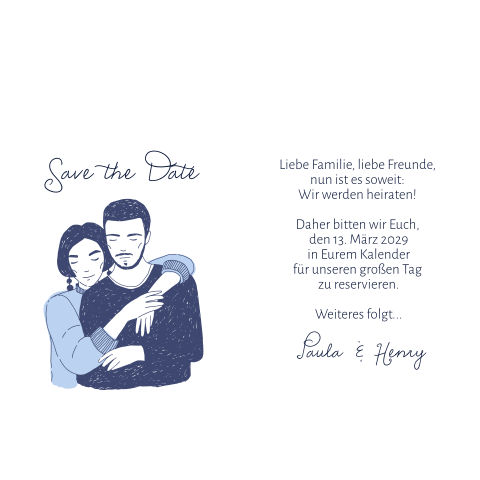 Zweiteilige weiße Save the Date Karte mit Pärchen in blau
