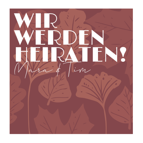 Quadratische Hochzeitskarte mit weißem Rahmen und Blättern in rot