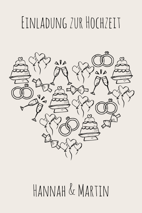 Einladung zur Hochzeit in beige mit Icons angereiht in Herzform