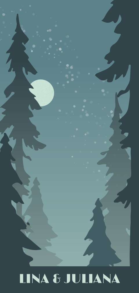 Hochzeitskarte im Hochformat in Blau mit Tannen