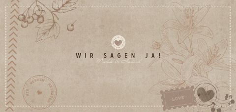 Vintage Hochzeitseinladung in Kraftpapier-Optik mit Stempel und Rahmen