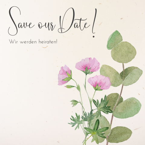 Save the Date Karte aus Recycling mit Eukalyptus und Blume in rosa