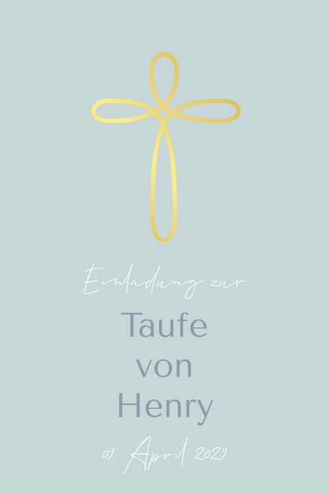 Taufeinladung in Blau mit veredeltem Kreuz in Gold
