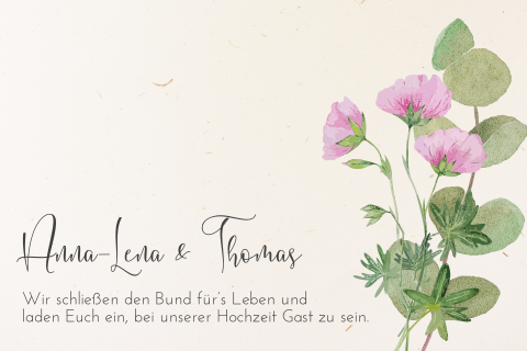Greenery Hochzeitseinladung aus Recyclingpapier mit rosa Blumen