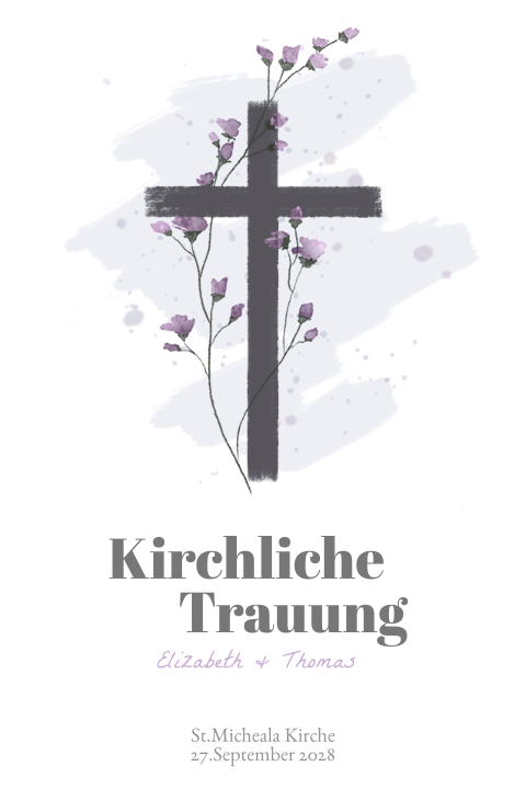 Kirchenheft mit Kreuz und lila Blumen