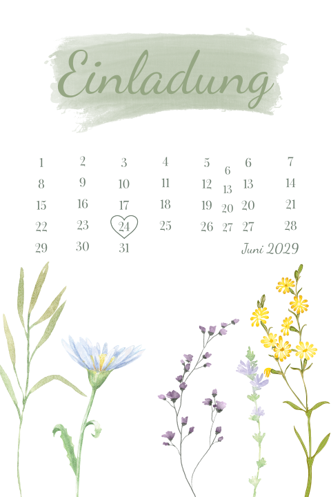 Hochzeitskarte in weiß mit Kalender und Frühlingsblumen