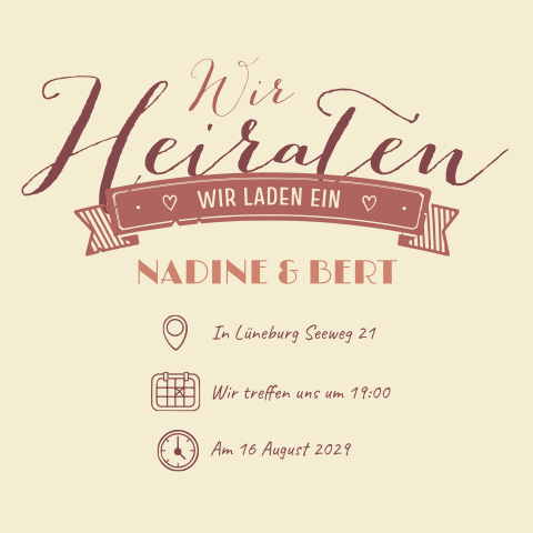 Quadratische Hochzeitskarte in beige mit Bannern und Icons in rot