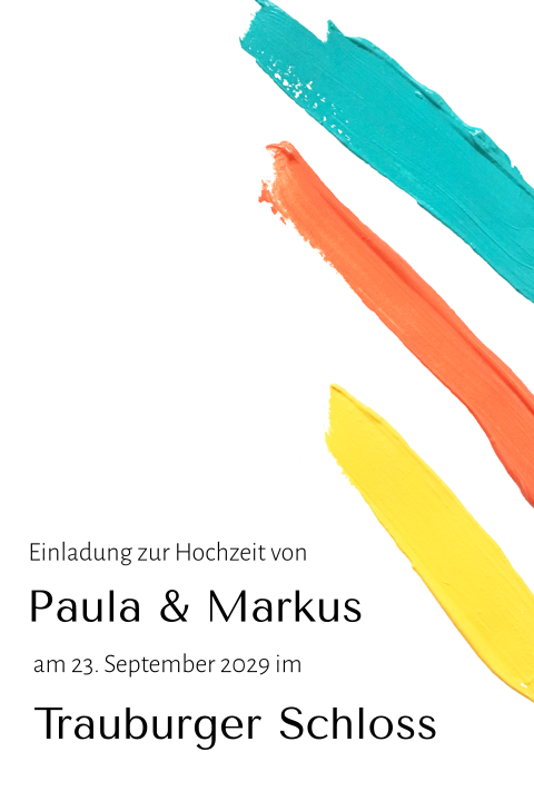 Schlichte Einladungskarte zur Hochzeit mit bunten Pinselstrichen