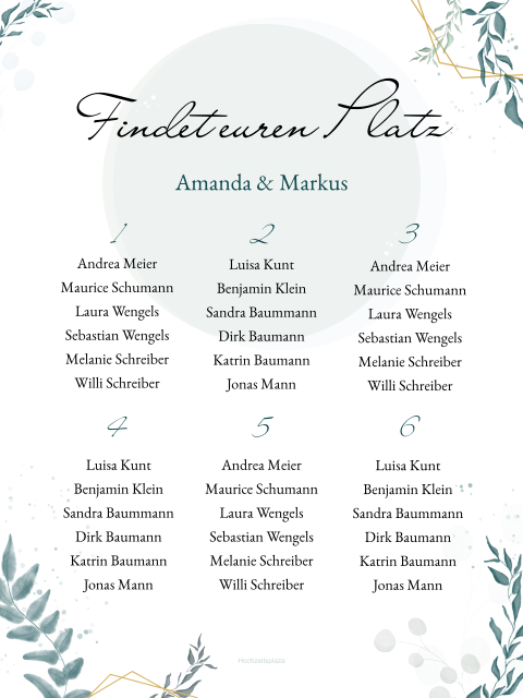 Greenery Sitzplan für die Hochzeit im Hochformat in Grüntönen mit Goldelementen in 55x73 cm