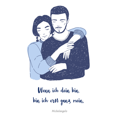 Quadratische Glückwunschkarte zur Hochzeit mit Paar in blau und Zitat