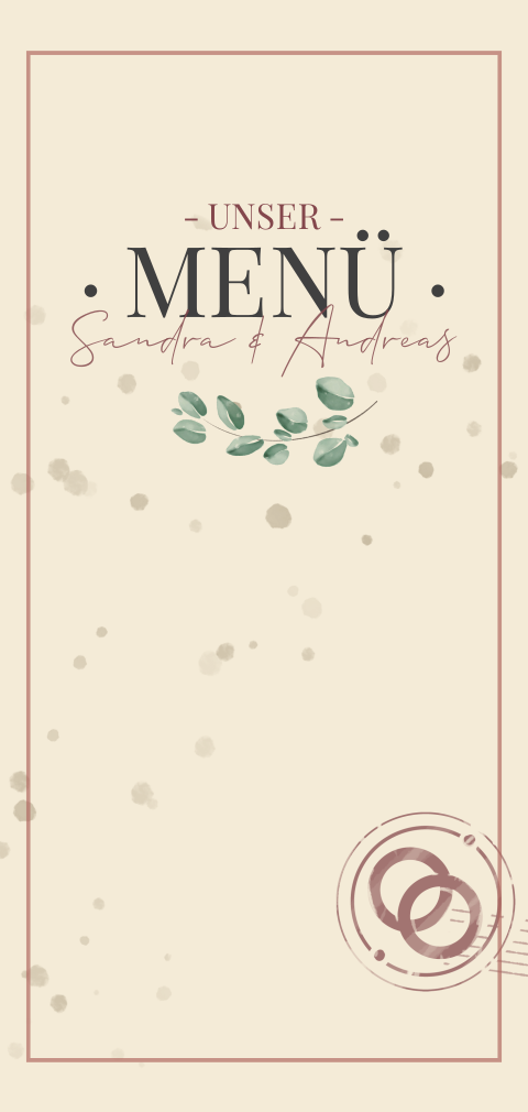 Vintage Menükarte in beige mit Stempel und Greenery Zweig und Punkten