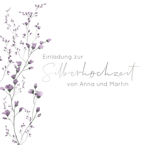 Quadratische Einladung zur Silberhochzeit mit zarten lila Blumen