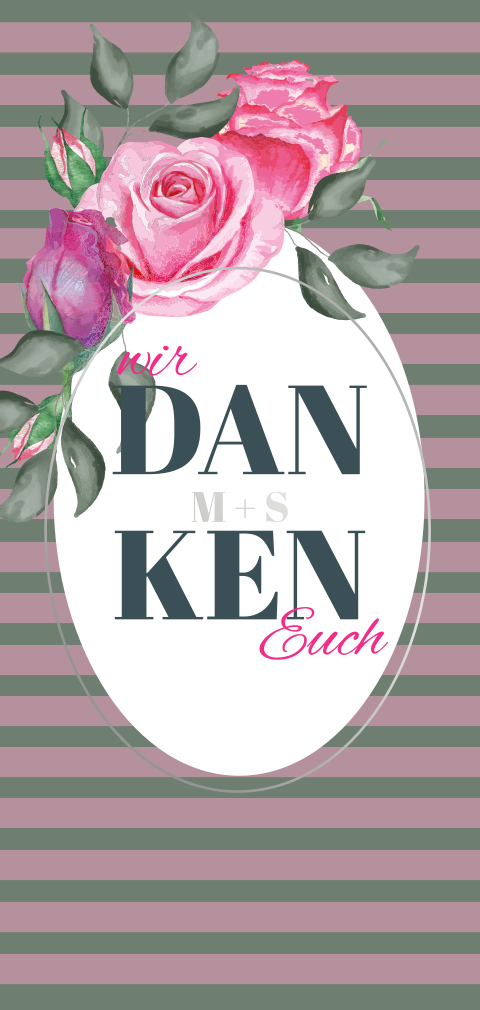 Elegante gestreifte Dankeskarte zur Hochzeit mit Rosen