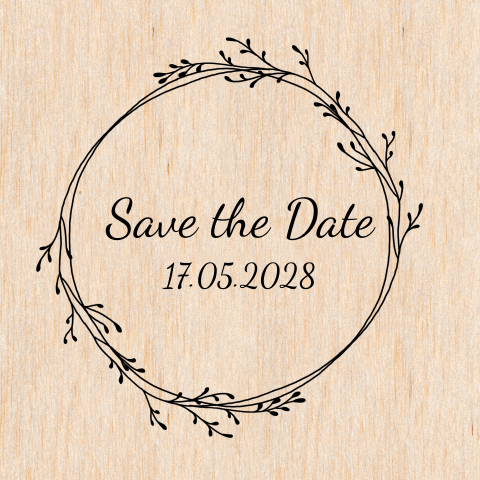 Save the Date Karte aus Echtholz mit Line Art Kranz