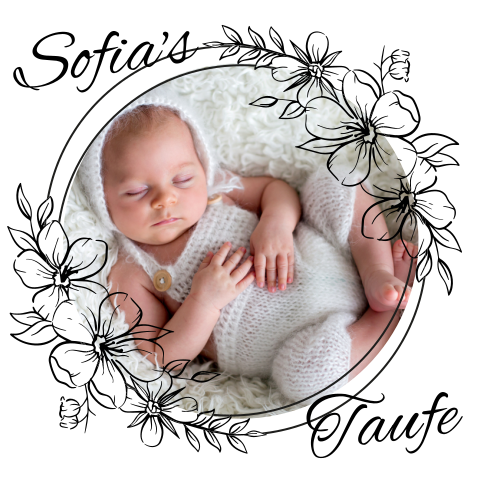 Quadratische Taufeinladungskarte mit Line Art Blumen und Foto