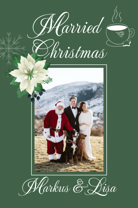 Grüne Dankeskarte zur Hochzeit mit Weihnachtssternen und Foto